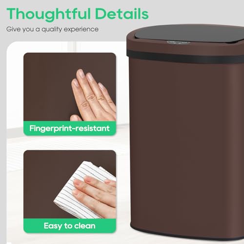 Image of BestOffice | 13 Gallon Stainless Steel Trash Can with Lid | Brown | Automatic Touchless Garbage Can | Odor Control | Modern Oval Design | Easy to Clean | Fits Any Kitchen, Bathroom, Office or Home