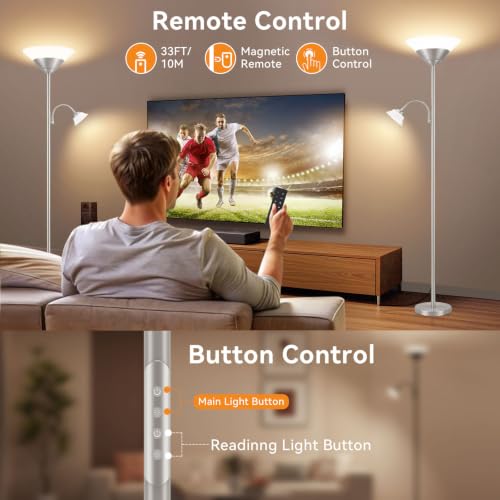 Image of SIBRILLE 2-in-1 Torchiere Floor Lamp, 34W Super Bright LED Standing Lamp with Remote & Touch Control, 72 inch Dimmable Adjustable Corner Reading Lamp for Living Room, Bedroom, Office, Silver
