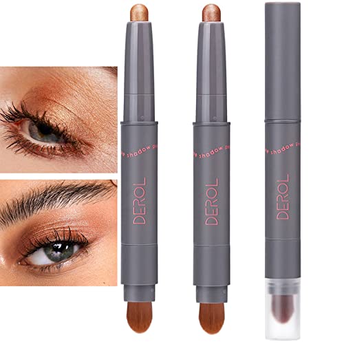 2 PCS Eyeshadow Stick,Creamy Eyeshadow Stick Double Head with Brush,Soft Waxy Pearl Eyeshadow,Smooth and Easy to Blend,Pro Long Lasting & Waterproof No-smudge Eyeshadow Stick Set(Brown)