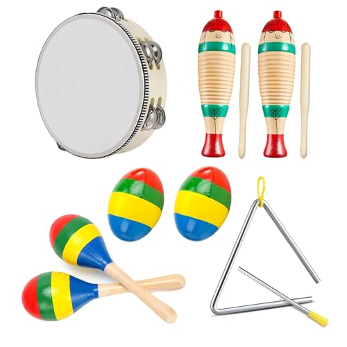 6 in Wood Tambourine, Guiro Instrument Fish Shaped, Wooden Maracas, Egg Shakers, 6IN Musical Steel...