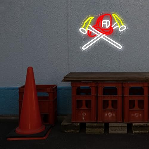 Image of Mutank Firefighter Helmet Neon Sign, USB Powered Fire Department Symbol Sign Dimmable LED Light, for Fire Department Axe Wall Art Emergency Services First Responder Wall Decor(12.9 * 10.2 In)