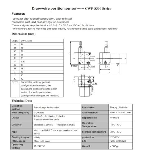 Capteur de position à fil tendu CWP-S300 300mm sortie 4-20mA 24V CC