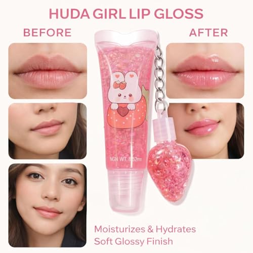 Image of SMART BEAUTY Cute Strawberry Bunny Lip Gloss Set with Keychain - Moisturizing Glitter Lip Gloss for Girls & Teens, Kawaii Travel Size Lip Balm Pack Of 2