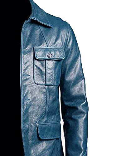 Leather Jacket Men | Vintage Four Pocket Genuine Leather Jacket | Shirt Collar Five Buttons Mens Leather Jacket (3Xl, Blue) #TOP2