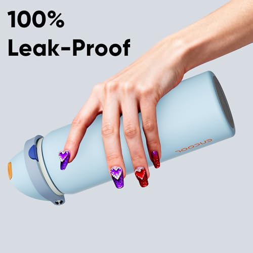 Image of ENCOOL Insulated Water Bottle with Straw Stainless Steel Water Bottle with Push Button Lid, Leak-Proof & BPA-Free, Keeps Cold for 24 Hours for Sports, Travel, Gym (32 oz, Hazy Blue-Blue)