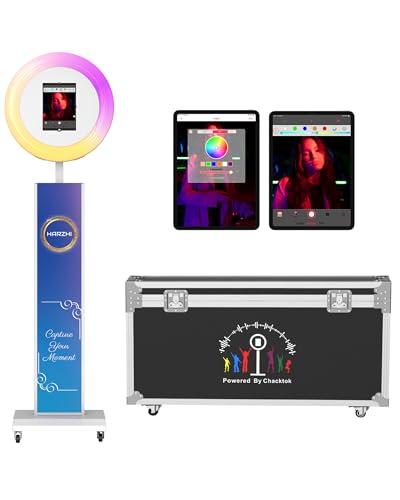HARZHI Portable Photo Booth Compatible with Ipad, Large Lightbox Ipad Photo Booth for Christmas Wedding Party Provide ChackTok Software APP VIP, Free Custome Logo, Flight Case White