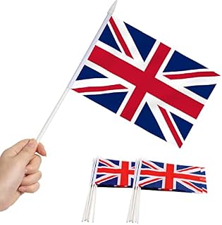 British Union Jack Stick Flag, ANLEY Great Britain 5x8 inch (12 X 20cm) HandHeld Mini Flag With 12" (30cm) White Solid Pole - Vivid Color and Fade Resistant - UK 5 x 8 inch Hand Held Flags With Spear
