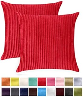 JOTOM Striped Corduroy Cushion Cover Set of 2 Home Decor Soft Throw Pillow Cover Square Pillowcase for Sofa Chair Couch Bedroom Decorative 45x45cm (45x45cm,2 Pieces, Striped|Red)