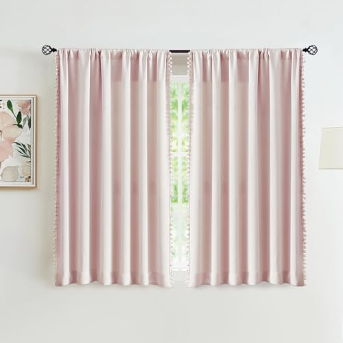 Image of Treatmentex Pom-Pom Pink Half-Blackout Curtains 45'''' Short Window Curtain Set for Girls Baby Nursery Room Darkening Drapes 2 Panels Rod Pocket,Adult