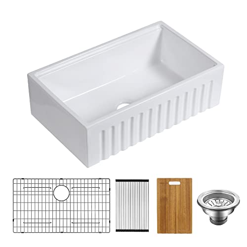 Celaeno 33 Inch White Farmhouse Sink, Fireclay Porcelain Single Bowl Apron-Front Workstation Sink, Reversible Ceramic Farm Sink With Various Accessories #TOP1