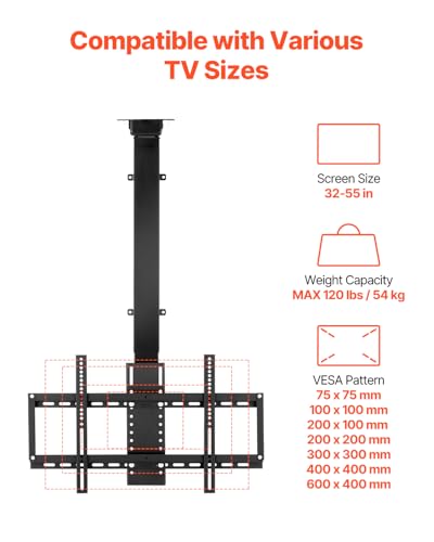 Image of VEVOR Motorized Ceiling TV Mount, TV Wall Mount for 32 to 55 Inch TV, Electric Adjustable Ceiling TV Mount, Motorized Flip Down TV Mount Bracket with Max VESA 24 x 16 in, Fits TVs Up to 120 lbs