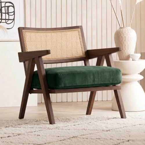 Image of Kingsman Furnitures ABEL Rattan Teak Wood Accent Arm Chair for Home Bedroom, Living, Dining, Drawing Room | Ultra Soft and Comfortable for Stress Free | Removable Cushion (Walnut Forest Green)