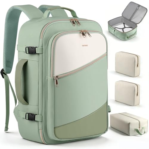 HOTOR Travel Backpack for Women TSA-Friendly Travel Bag with Multiple Compartments & 3 Packing Cubes Water-Resistant & Comfortable Perfect for Travel Essentials Green 17.3 x 13.0 x 7.9