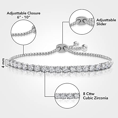 Devin Rose 8 Cttw Cubic Zirconia Adjustable Bolo Bracelet For Women In Rhodium Plated Brass 4Mm White #TOP2