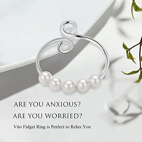 Vito Sterling Silver Fidget Anxiety Ring For Women, Adjustable Open Spinner Ring With Rotatable 5 Pearl Beads, Stacking Pressure Band Ring Jewellery Gift For Stressed Adult Women Men #TOP6