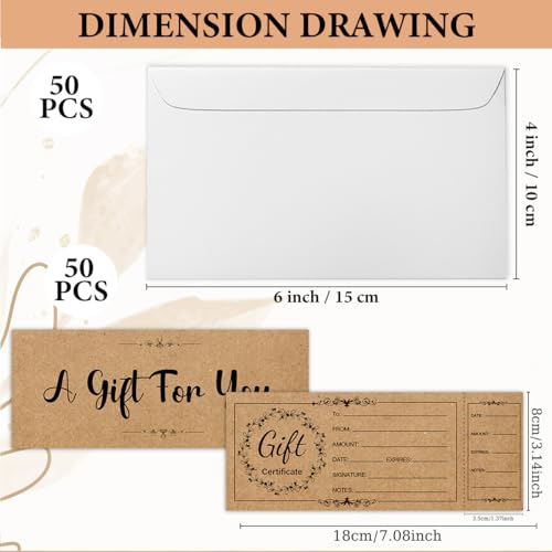 50 Sets Gift Certificates for Business, Blank Kraft Gifts Cards Certificates with Envelopes, for Salon Restaurants Spa Marriage Birthday Christmas Client Vouchers - Retro Style - Thumbnail 2