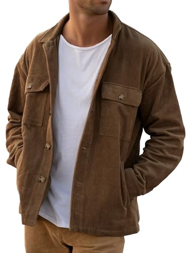 PLEPAN Mens Corduroy Shacket Button Down Work Jackets Lightweight Casual Long Sleeve Shirt Jacket Fall Overshirt with Pockets Dark Brown Large