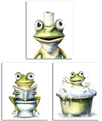 GMLXCX Funny Frog Bathroom Decor Wall Art, Cute Frog Sitting on Toilet Decor Art Poster, Funny Bathroom Sign Canvas Print Set of 3 (8''x10'', Unframed)