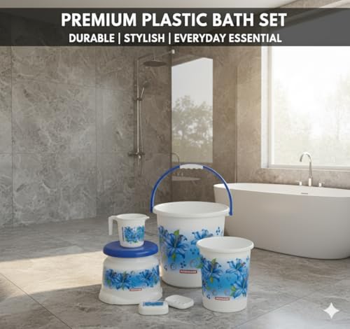Image of MODWARE Floral Bathroom Set, 5 Pieces, Polypropylene, 20 L Bucket with Mug, Soap Case, Open Dustbin, Stool (Blue)