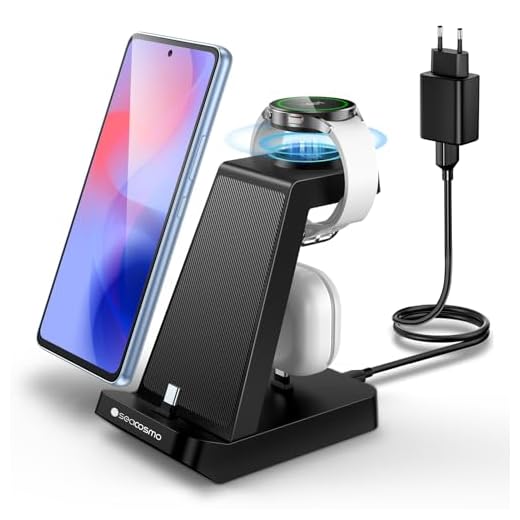 seacosmo 3 in 1 Ladestation, 18W Samsung Ladegerät handyhalterung für Galaxy Buds und Samsung A55/A54/A35/A34/A16/A15/A14/A06, Wireless Charger Stand für Galaxy Watch 8/7/6/5/4/3/2/Pro/Classic/Active