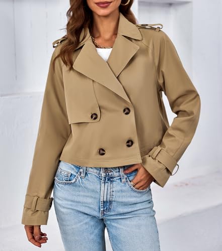 Tankaneo Womens Cropped Trench Coat Lapel Double Breasted Short Jacket Outwear4