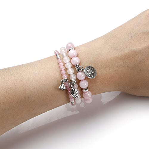 Jovivi 3Pcs Rose Quartz Crystal Beaded Chakra Bracelet Natural Healing Energy Beads Stone Therapy Reiki Stackable Stretch Bracelets Set For Women #TOP3
