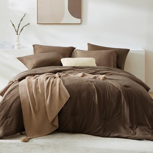 Image of Queen Comforter Set-7 Pieces Soft Prewashed Bed in a Bag Queen Bedding Sets | All Season Comforter with Sheets, Pillow Shams & Pillowcases,Chocolate Brown