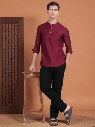 Image of KRYPTIC Men's Full Sleeve Regular Fit Short Kurta in Premium Pure Cotton with Patch Pocket and Mandarin Collar - Perfect Blend of Style and Comfort