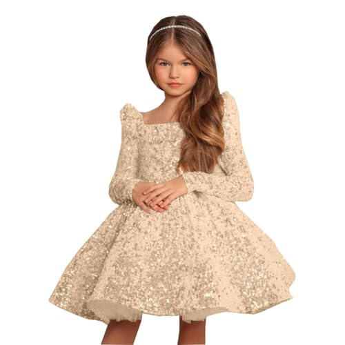 Gold Champagne Long Flower Girl Dress for Wedding Puffy Layers 2024 Birthday Party Dresses Long Sleeves Sequin Princess Birthday Party for Girls Gold Champagne FAY07-12