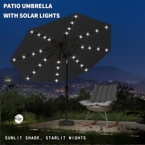 Image of 9FT Patio Umbrella with Solar Lights,Outdoor Market Umbrella with Tilt and Crank, LED Lighted Table Umbrella for Garden,Deck,Backyard,Pool,Beach (Black)