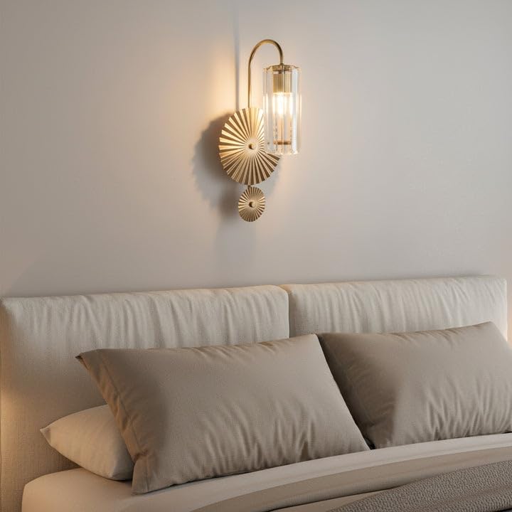 Image of CORAL TREE Luxury Crystal Sunburst Wall Light - Champagne Gold Metal Sconce, Modern Glass Designer Wall Lamp for Living Room, Bedroom & Hallway - E14 Bulb Holder, Elegant Home Decor Lighting