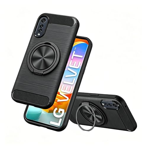 Nijiadi Compatible for LG Velvet 4G/5G Case, 360° Rotatable Ring Holder & Kickstand, Shock Absorbing Flexible TPU Rubber Carbon Fiber Jacket Protective Cover Case for LG Velvet 5G (Black)