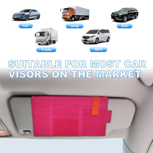Image of Car Sun Visor Organizer, Auto Interior Visor Storage Pouch Holder with Zipper, Multi-Pocket Net Personal Belonging Organizer, Universal Car Accessory for Cards, Documents (Rose Red)