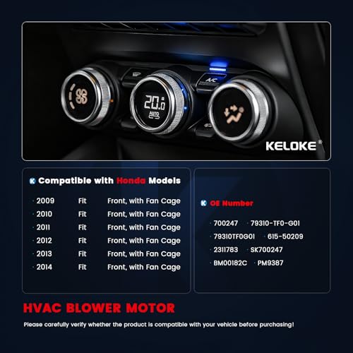 Image of KELOKE Front HVAC Heater Blower Motor Fan Compatible with Honda Fit 2009 2010 2011 2012 2013 2014, with Fan Cage, Replace# 700247 79310-TF0-G01 615-50209