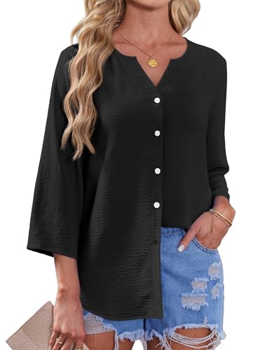 Image of OFEEFAN Button Down Shirts for Women 3 /4 Length Sleeve Tops V Neck Blouses Business Casual Outfits Loose Fit