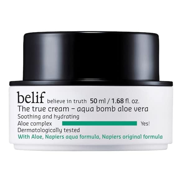 Belif True Cream Aqua Bomb Aloe Vera 50ml, Leichte Beruhigende  Gesichtscreme, Aloe Vera Panthenol Alchemilla, Angereicherte  Feuchtigkeitscreme, Empfindliche Haut, Vegan Feuchtigkeitscreme, Tagescreme  : Amazon.de: Kosmetik