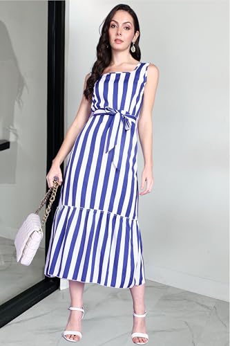 Image of POPWINGS Women Casual Blue & White Stripe Long Belt Dress Dress | Stylish Dress | Trendy Dress