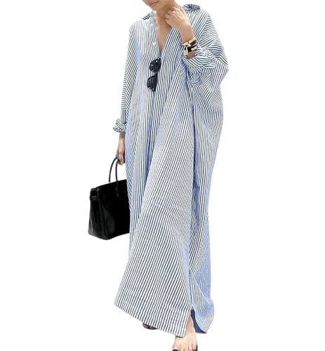 Image of ebossy Women's Oversized Boho Striped Shirt Dress Button Up Long Sleeve Flowy A Line Caftan Dress with Pockets