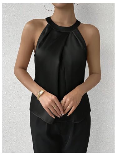 SweatyRocks Women's Pleated Halter Sleeveless Satin Blouse Keyhole Back Tank Top3