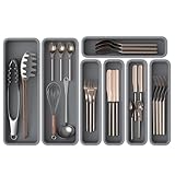 7 Pack Silicone Silverware Drawer Organizer, DIY Free Combination Kitchen Drawer Organizer, Utensil Organizer, Moisture-proof and Heat-resistant up to 200°C, Anti-slip and Environmentally (Grey)