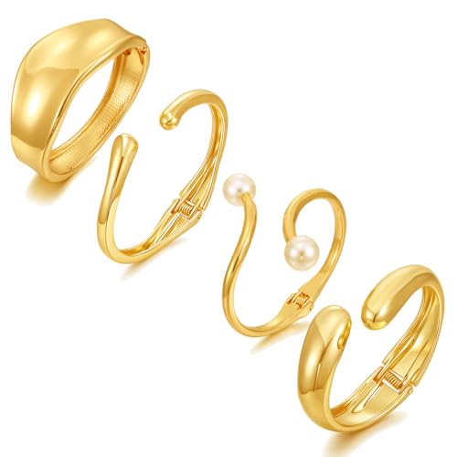 BROCC 2-4PCS Gold Plated Cuff Bangle Bracelets for Women Trendy Hinged style Adjustable Cuff Bangle Bracelet Wrist Wrap Irregular Minimalist Jewelry Set