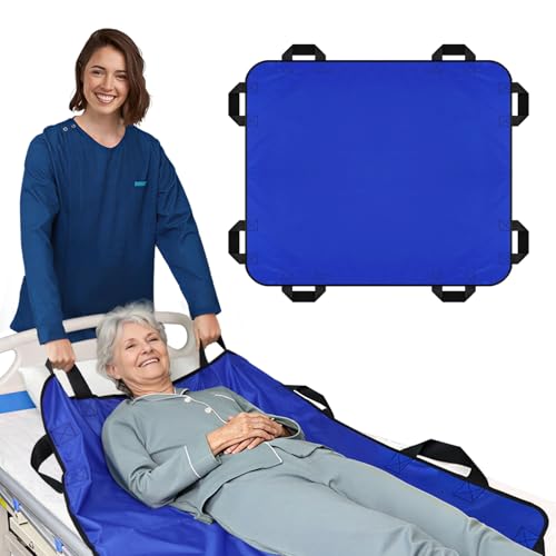 YHK Positioning Bed Pad Draw Sheet 8 Reinforced Handles Reusable & Washable Transfer Sheet for Turning Lifting Repositioning Lightweight Double-Sided Nylon Fabric (Blue 40x 48)