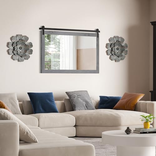 Image of COGOOD Farmhouse Bathroom Mirror - 49 x 30 Large Rectangle Barn Door Mirror for Vanity, Bedroom, Living Room Wall Decor (Grey)