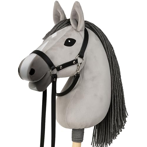 CELMAN Hobby Horse Steckenpferd Grau mit Zaumzeug & Leine A3 Kopfgröße Großer Reitspaß für Kinder Realistisch & Weich Holzstab