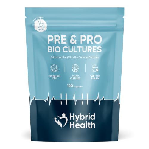 Hybrid Health Pre & Pro-Bio Cultures - 2 Months Supply 100 Billion CFU 20 Live Cultures with Fibres Multi-Strain Daily Pro Bio Cultures for Men & Women Vegan