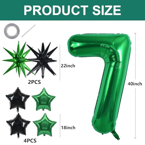 Image of TONIFUL 7th Birthday Balloons 40 Inch Green Large Number 7 Foil Balloon 18 Inch Helium Mylar Heart Star Shaped Ballons for Boys Men Birthday Anniversary Graduation New Year Eve Party Decoration