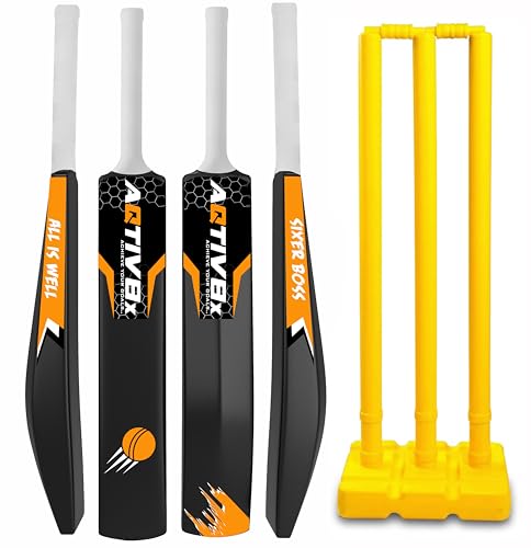 Image of Cricket Set with Golden Plastic Bat for Outdoor Sports Tournament, Gully Matches & Practices, Hard Plastic Cricket Kit for Men, Women, Boys & Girls