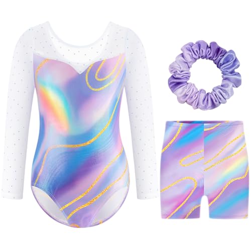 Boteria Justaucorps de Gymnastique pour Filles Trois Pièces Maillots de Gymnastique Gymnastique à Manches Longues avec Short et Bandeau (Couleur-manches longues, 9-10 ans)