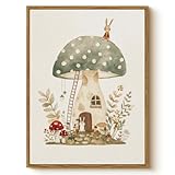 Vintage Framed Nursery Wall Art 12x16 Canvas Print, Cute Bunny Mushroom House Illustration Woodland Forest Theme, Neutral Fairy Tale Kids Room Bedroom Baby Nursery Playroom Farmhouse Home Decor