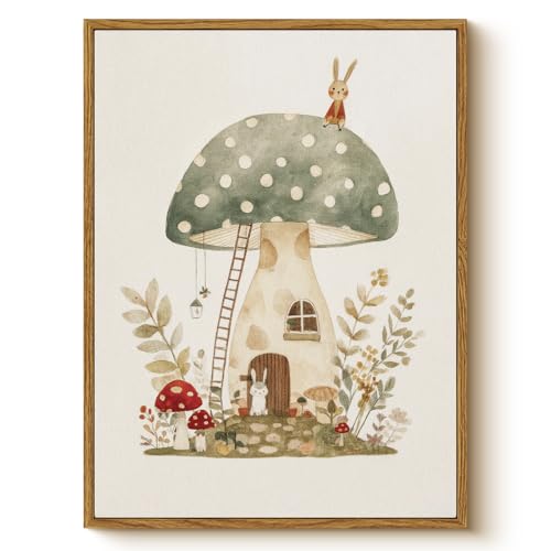 Vintage Framed Nursery Wall Art 12x16 Canvas Print Cute Bunny Mushroom House Illustration Woodland Forest Theme Neutral Fairy Tale Kids Room Bedroom Baby Nursery Playroom Farmhouse Home Decor